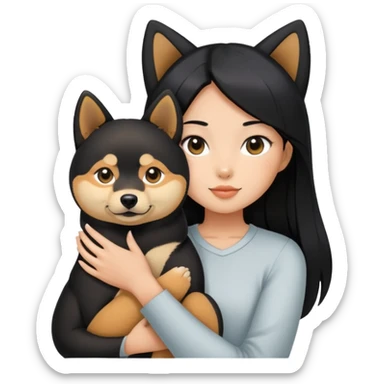 A girl with long black straight hair holding a black Shiba Inu sticker