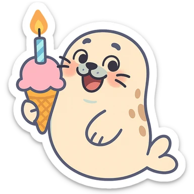 chubby seal holding ice cream cone with candle, pastel-toon style sticker