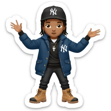 African American boy with short black dreadlocks wearing a black New York Yankees logo baseball cap wearing a black bubble winter coat wearing denim skinny jeans and timberland boots with hands pointing out sticker