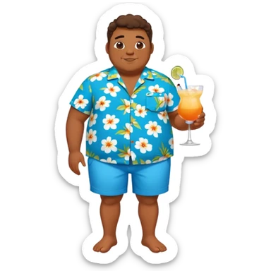 chubby guy full figure in a flowered azure havai shirt, brown shorts and flippers holding a cocktail sticker