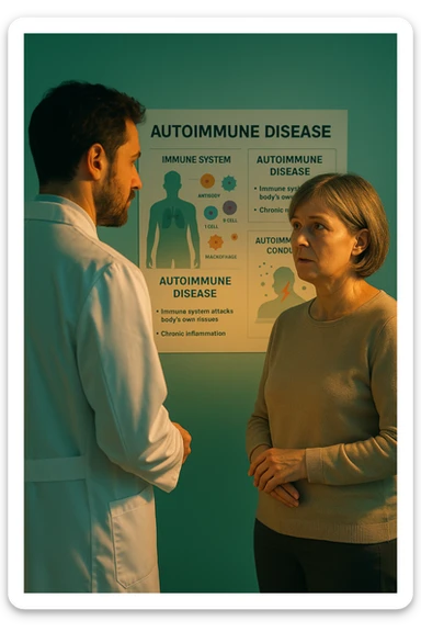 Realistic, detailed photo taken from behind of one doctor e un paziente —a bearded man and a middle-aged woman—standing and facing each other as they discuss an autoimmune disease diagnosis in front of a medical chart that displays information about the immune system and autoimmune conditions. The scene is illuminated by a yellowish, orange, warm light that softly envelops the doctors. The entire room is bathed in a single green-blue color, creating a cohesive and modern atmosphere. Both doctors wear white coats, and their body language suggests a serious, professional conversation about the complexities of autoimmune diseases. Shot with a Canon EOS R5, with high detail and natural depth of field. in italiano sticker