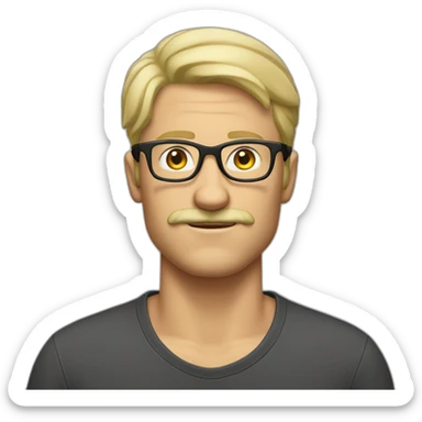 tall blonde man with glasses and mustache and tshirt sticker