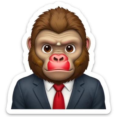 Brown haired cartoon gorilla with tufted fur on head, with light skin tone and a red tie sticker