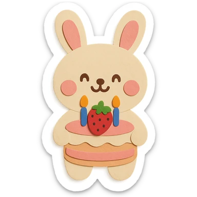 Make the bunny smile cutely, add a sweet and cheerful expression, keep the big strawberry birthday cake with candles sticker