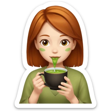 girl with brown and ginger hair drinking a matcha tea sticker
