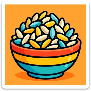 stylized rice grains in a bowl, cartoon style sticker