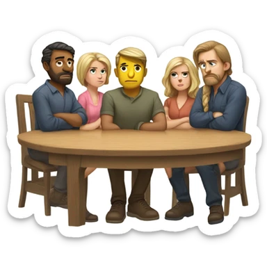 6 Caucasian people sitting around a table looking unhappy sticker