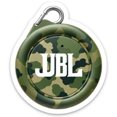 Extremely simple JBL Clip 4, clean circular form with hook, just 2-3 green camo elements, prominent JBL logo, iOS emoji style sticker