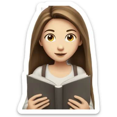 White girl with long brown hair and grey eyes reading a book sticker