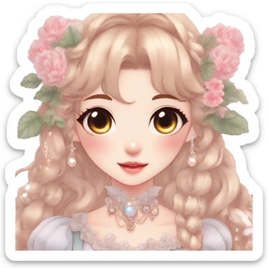 Gorgeous anime style lady with blushing face and accessories cottagecore fairycore Kawaii anime colorful pearly romantic aesthetic trending style sticker