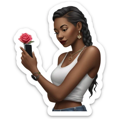 Hyper Realistic beautiful woman model with a small rose tattoo talking on a phone  sticker