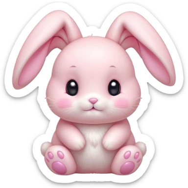 Cinematic adorable pastel pink bunny, chubby cheeks, tiny paws, sparkling round eyes, soft fur with a gentle glow, slightly tilted head, wearing a tiny bow, irresistibly cute and heartwarming. sticker