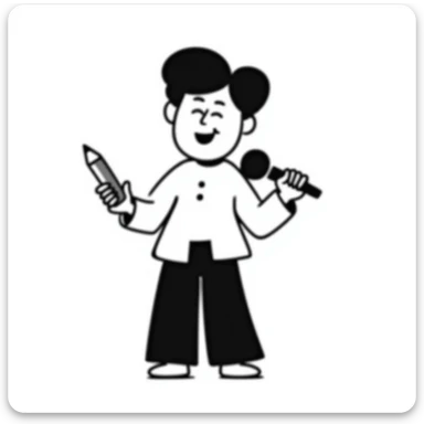 joyful singer with big smile holding a microphone in left hand and pencil in right hand sticker