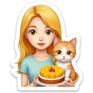 Beautiful girl holding a mango cake and a kitten sticker