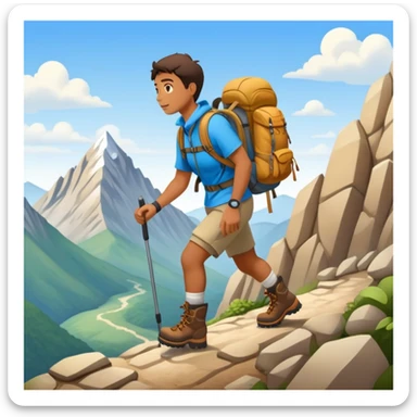 person hiking down one mountain and up another mountain sticker