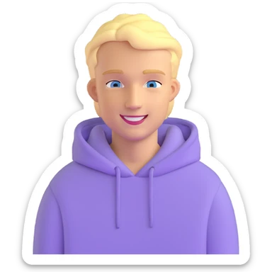smiling blonde man with blue eyes in a lilac hoodie sticker