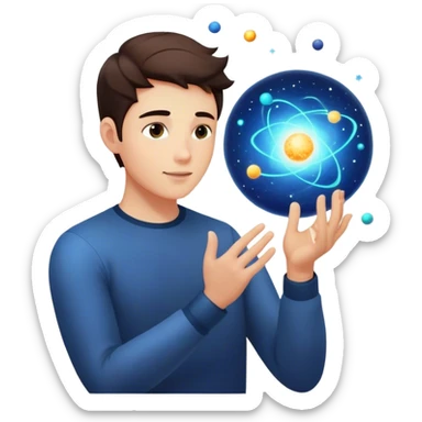 A young man floats in space, touching a particle that glows and expands, shaping the universe around him. Each touch creates new light, symbolizing how his choices build his own reality. sticker