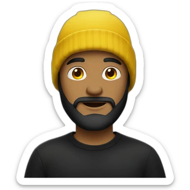 bearded guy wearing yellow beanie black shirt sticker