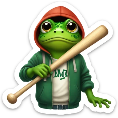 Frog holding a baseball bat with a hoodie on sticker