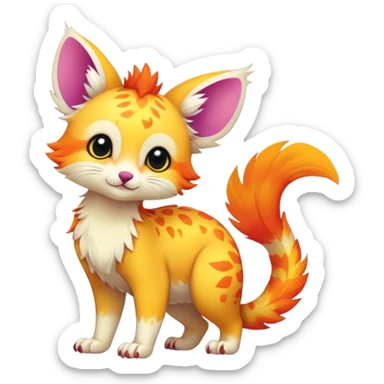 Feral Rare Fantasy vibrant colorful tropical cute, kawaii, cool, ed Vernid-Trico-species by LiLaiRa, random markings, tufted tail, tufted ears, full body, cheek markings sticker