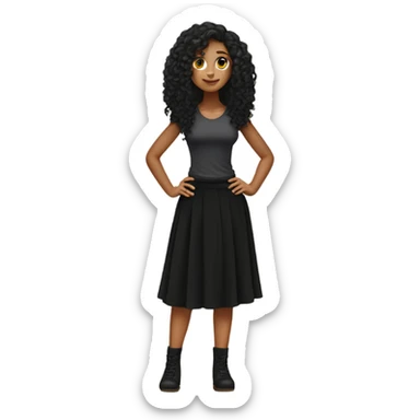 Tan girl with black long curly hair black skirt full body sticker