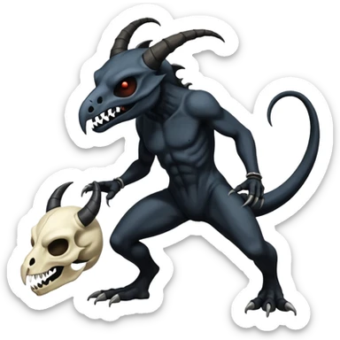 Shiny Dark Edgy  Duskull-Salandit-Inteleon-Amaura-Fakémon-hybrid-creature (full body) with a horned animal-skull-mask sticker