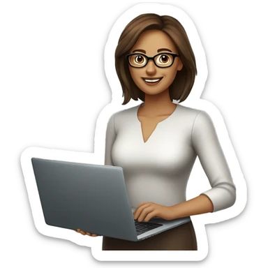 beautiful women with brown hair, glasses and laptop, boss lady, smiling and friendly sticker