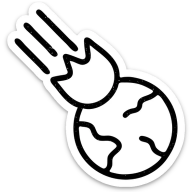 minimalist outlined icon of a meteor hitting a planet, worn distressed effect sticker
