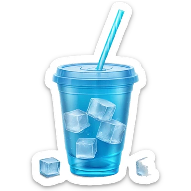 Realistic plastic cup and lid with Transluscent blue soda and large ice cubes inside and one straw through the top of the lid. sticker