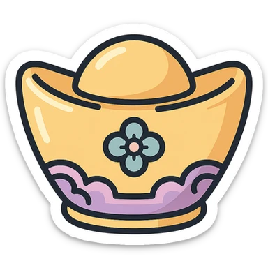 Chinese gold ingot with decorative elements, icon-color-outlined style, detailed shadows and highlights, thin clean contours, soft rounded shapes, pastel palette #98B5BC, #B5B3C1, #C9A3C9, #E4C0CA, #F7DCD1, #F7C0AA, modern Japanese pop art and sticker aesthetics, high detail, vector sharpness, soft lighting, transparent background sticker