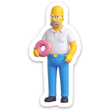 Homer Simpson 3D style, yellow skin, bald, white shirt, blue pants, holding a donut sticker