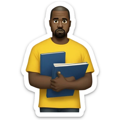 kanye west wearing a dark blue T-shirt, holding a big yellow notepad sticker