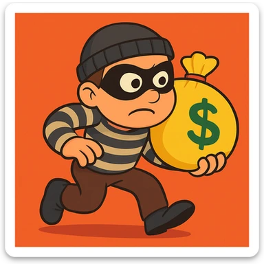 Add a bag of money to the cute thief character, preserving the same flat toon style with vibrant colors and clear details consistent with the original image. sticker