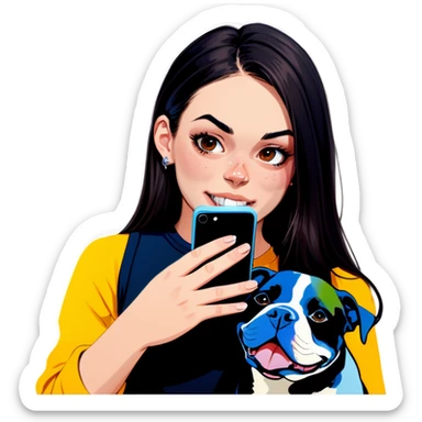 Slightly overweight beautiful girl with choppy long dark hair with her nose piercing and her black iPhone with her her pet pit bull girl with an underbite layed next to her sticker