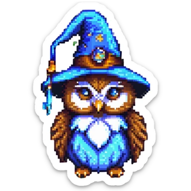 pixel art owl with a wizard hat sticker