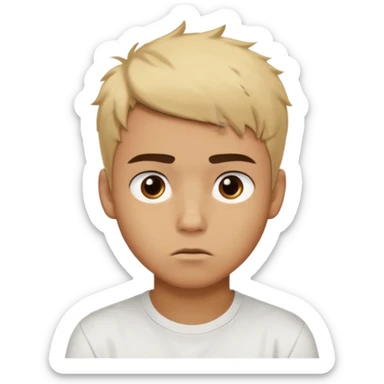 caramel skin color. Teen age. Short buzz, messy blonde hair, dark brown bushy eyebrows large expressive golden-brown eyes, brown skin color, scar over nose, wearing a plain white t-shirt. 20 year old male. thinking facial expression. caramel skin color.  sticker