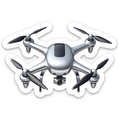 A futuristic drone emoji made of polished silver chrome, smooth rounded body, minimal propellers, reflective metallic surface, soft studio lighting, iOS emoji style, centered, clean white background sticker
