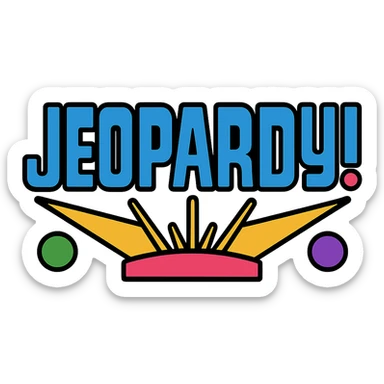 Add more colors to the Jeopardy logo icon, including red, green, and purple accents, while keeping the bold blue and gold base. Clean icon style with lineal color and black outlines. sticker