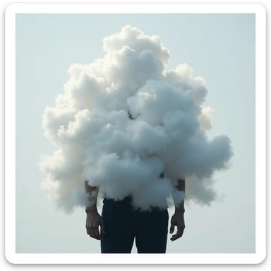 person, upper body up to the shoulders entirely composed of voluminous clouds, clouds form the silhouette, realistic illustration style sticker