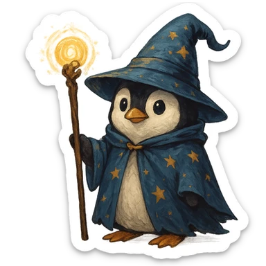penguin wizard, magical staff, wearing a wizard hat sticker