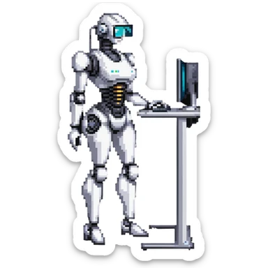 Curvy female robot with computer monitor head, stylish outfit sticker