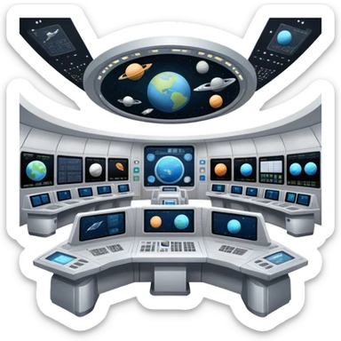 space mission command center with large screens showing spacecraft and planetary data sticker