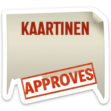 text KAARTINEN and under it red stamp with text APPROVES sticker
