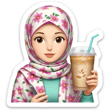 White girl wearing flower pattern hijab and iced coffee sticker