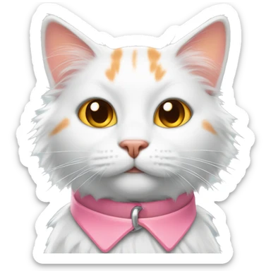 fluffy white and orange cat wearing a pink collar sticker