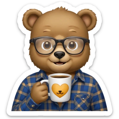 A bear with glasses dressed like a dad holding a coffee mug sticker