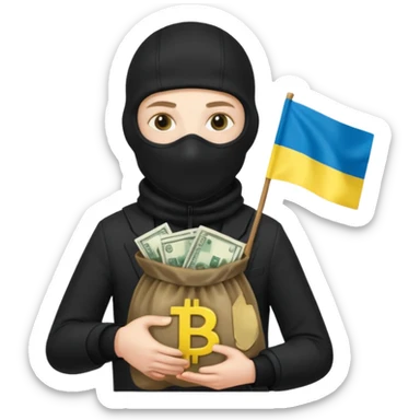 create an incredibly realistic white thief in a black suit and balaclava with a bag of money and a Ukrainian flag on it sticker