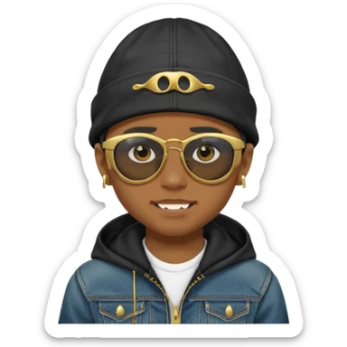 un emoji de un chico emcapuchado, con gorro kalenji, dientes de oro, com uma jaqueta denim tears preta e uns oculos da oakley sticker