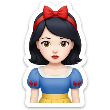 ultra simplified Snow White, blue top with yellow skirt, black hair with red headband, very minimal details, slightly zoomed out sticker