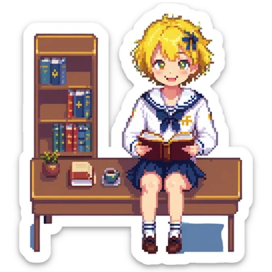 Pixel art anime girl with short bright yellow hair wearing Japanese sailor style school uniform, sitting at desk reading book but with excited smile, energetic studying pose sticker